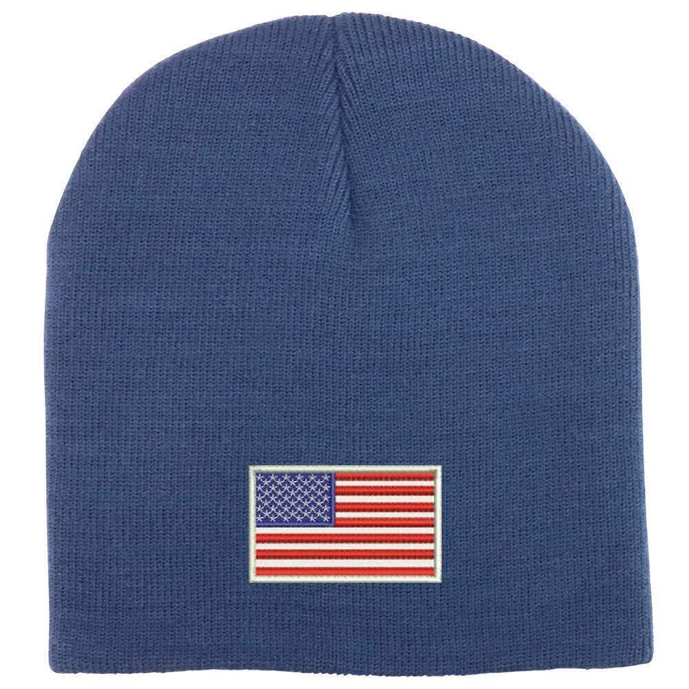 9369 White American Flag Acrylic Winter Knit Skull Short Beanie - Navy